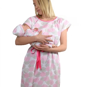 4 PC Labor Maternity Nursing Delivery Hospital Gown and Baby Gown, Hat & Pillowcase/Baby Shower Gift/Mommy and me/Hospital Bag Must Have