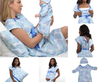 4 PC Labor Maternity Nursing Delivery Hospital Gown and Baby Gown, Hat & Pillowcase/Baby Shower Gift/Mommy and me/Hospital Bag Must Have