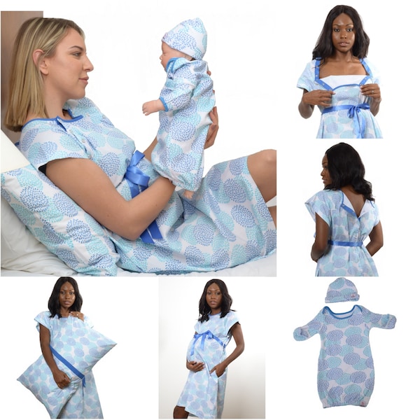 4 PC Labor Maternity Nursing Delivery Hospital Gown and Baby Gown, Hat & Pillowcase/Baby Shower Gift/Mommy and me/Hospital Bag Must Have