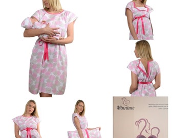 4 PC Labor Maternity Nursing Delivery Hospital Gown and Baby Gown, Hat & Pillowcase/Baby Shower Gift/Mommy and me/Hospital Bag Must Have