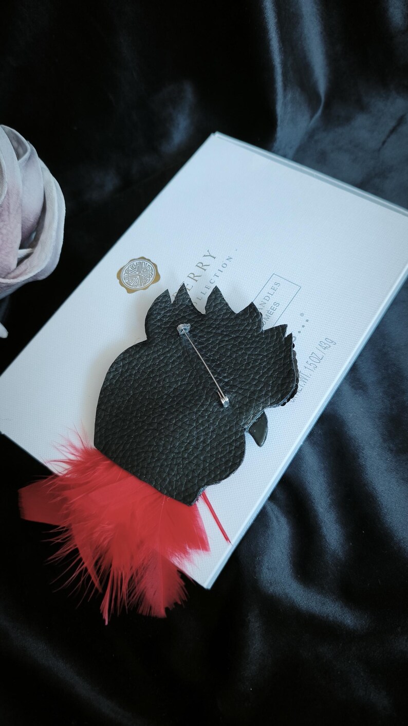 May include: A black textured brooch shaped like a rooster head with a silver metal pin on the back. The bottom of the brooch features bright red feathers. The item is resting on a white rectangular box with text that includes the words COLLECTION.