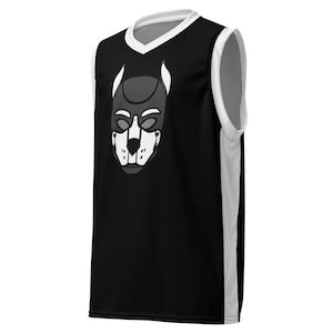 May include: Black and white basketball jersey with a grey dog mask graphic on the front.