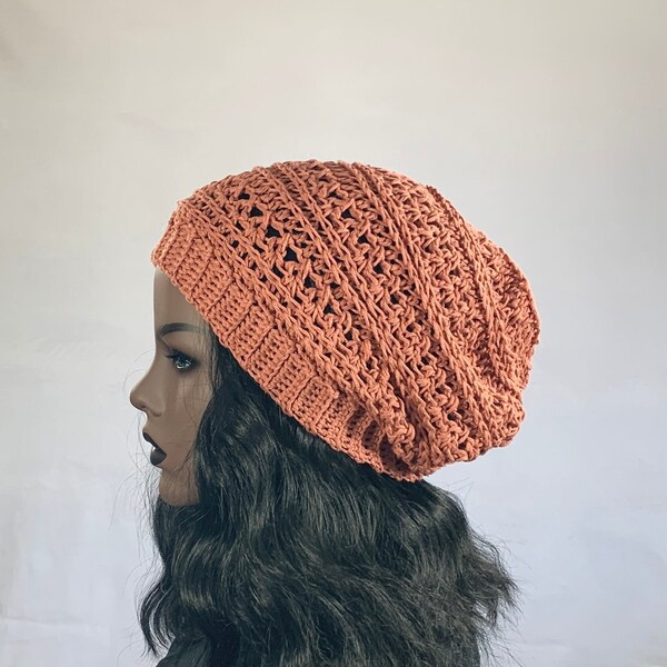 Cotton Blend Light Orange Slouchy Hat - Handmade Crocheted Vegan Boho Style Beanie - Lightweight for Spring and Summer - Ready to Ship