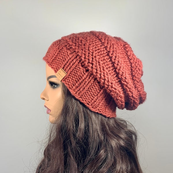 Terracotta Orange Slouchy Chunky Beehive Hat - Vegan - Ready to Ship