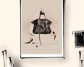 Può includere: Illustrazione di moda di una borsa in pelle nera con manico superiore. L'opera raffigura anche un paio di scarpe con i tacchi alti. Lo sfondo è di colore beige neutro e lo stile ricorda un bozzetto di moda.