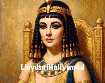 Elizabeth Taylor nei panni della regina Cleopatra sul suo trono che mostra la scollatura. Fotografia artistica grafica immaginaria unica.