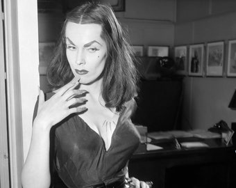 Vampira (Maila Nurmi) Hollywood Legend Cult Movie Star Standing in Doorway Mid-Century Glamour Ghoul Photograph 1956