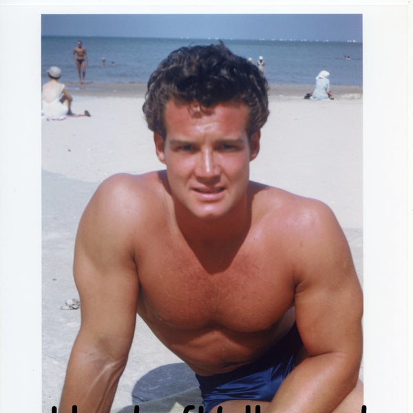 Steve Reeves Pre Hollywood Bodybuilder Hunk  in Trunks at Beach  Mid-Century  Oettinger Beefcake Photograph  1950