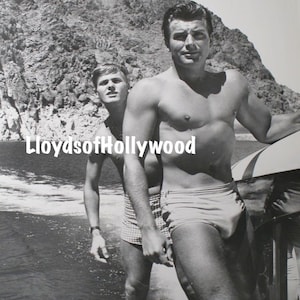 Tab Hunter John Bromfield  Handsome Hollywood Actors Hunks In Trunks  Duo Candid Photograph 1950&quot;s