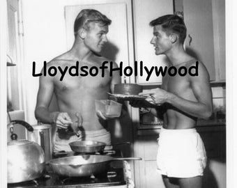 Tab Hunter Roddy McDowell  Handsome Hollywood Actors Hunks In Trunks  Mid-Century Candid Photograph 1956