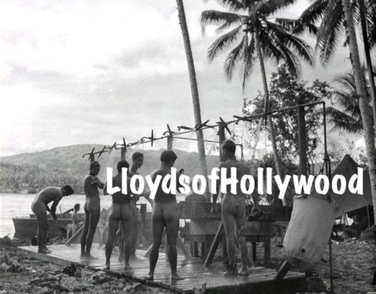 USA Military Men Navy Group Outdoor Shower on Island Beefcake Historic