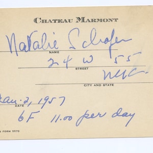 Natalie Schafer Film TV Star Gilligan Insel Hand signiert Autogramm Hollywood Chateau Marmont Vintage Hotel Registrierungskarte 1957