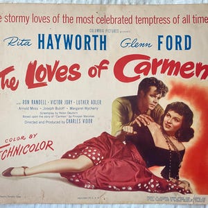 Rita Hayworth, Glenn Ford Los amores de Carmen Tarjeta de vestíbulo con título vintage Original 1948