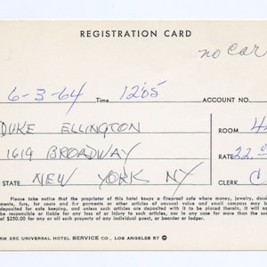 Duke Ellington Hand Signed Signature block letters Autograph Hollywood Chateau Marmont Hotel Registration Card 1964