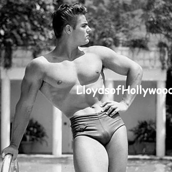 Handsome  Physique Hunk in Trunks Hairless Bodybuilder   at Pool Mid-Century  Beefcake Photograph  1957