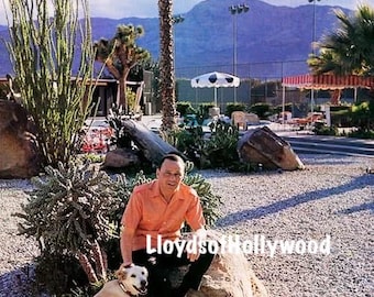 Frank Sinatra Actor Singer Hollywood Star  At Home Relaxing With His Dog Ringo in Palm Springs  Mid-Century Candid Photograph 1962