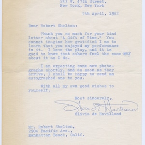 Olivia De Havilland Gone with the Wind Star handsignierter maschinengeschriebener Brief / Note handsigniert Authentisch 1962