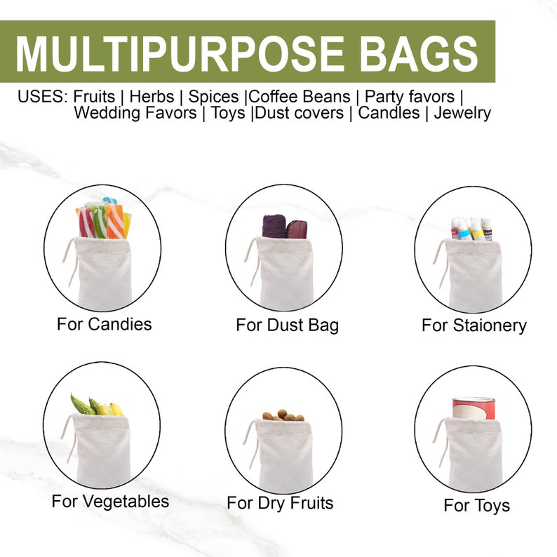 Reusable and Eco-Friendly 8x12 Inches 100% Organic Cotton Single Drawstring Muslin Bags NATURAL COLOR image 6