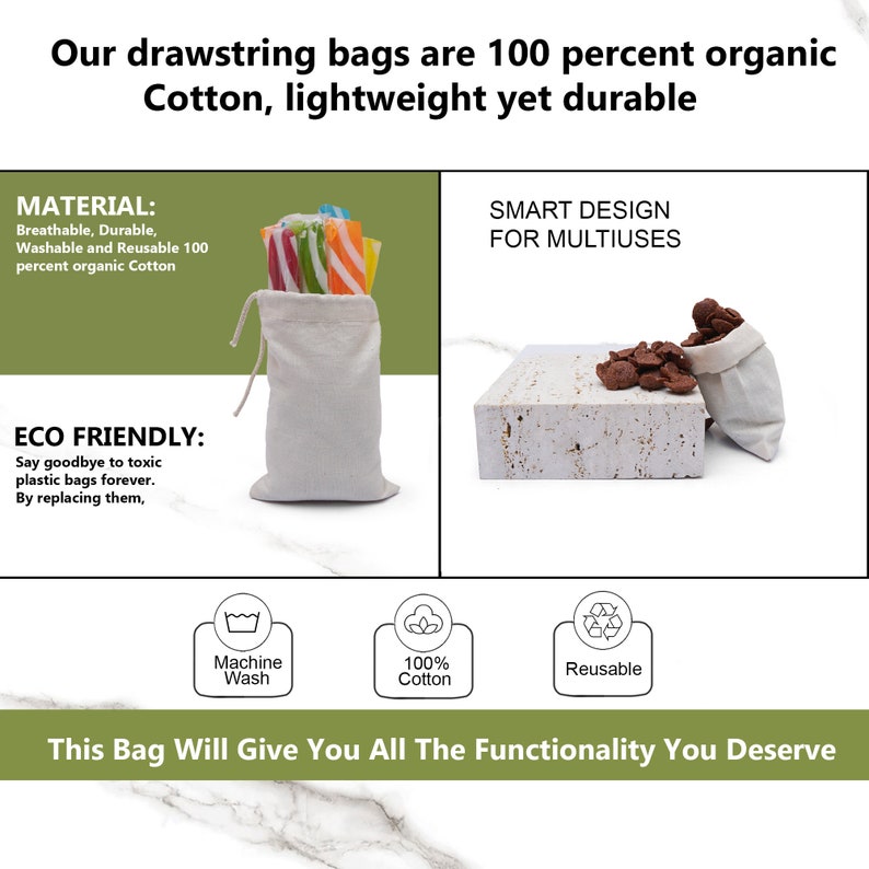 Reusable and Eco-Friendly 8x12 Inches 100% Organic Cotton Single Drawstring Muslin Bags NATURAL COLOR image 5