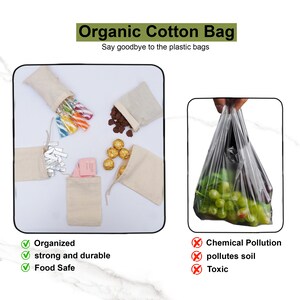 Reusable and Eco-Friendly 8x12 Inches 100% Organic Cotton Single Drawstring Muslin Bags NATURAL COLOR image 7