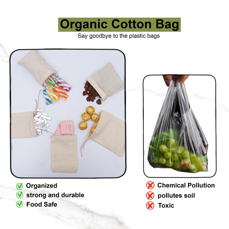 Reusable and Eco-Friendly 8x12 Inches 100% Organic Cotton Single Drawstring Muslin Bags NATURAL COLOR image 7