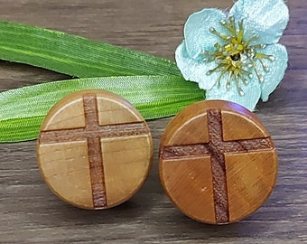 Pair of wood plugs | organic hand carved double flare ear plugs |  Cross | Christian Religious Design | Sizes | Gauges 12mm - 18mm |0 Gauge