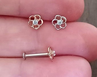 Labret Stud, Labret, Tragus Earring, Helix, 16ga Cartilage, Tragus, Forward Helix, Conch, Monroe 6mm 8mm with CZ Crystal, flower top, hollow