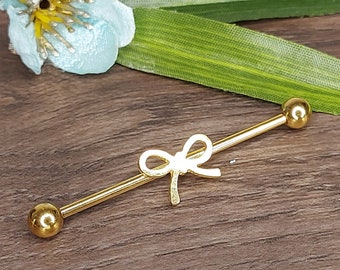 Industrial Piercing, Industrial Barbell, Scaffold bar, Cartilage Earring, Industrial jewelry, Gold Bow Charm, 14G 1.6mm x 38mm 1 1/2"