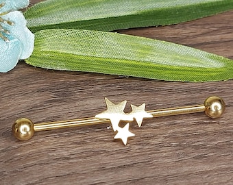 Industrial Piercing, Industrial Barbell, Scaffold bar, Cartilage Earring, Industrial jewelry, Gold look Star, 14 Gauge 1.6mm x 38mm.