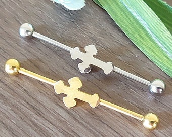 Industrial Piercing, Industrial Barbell, Scaffold bar, Cartilage Earring, Industrial jewelry, 14G 1.6mm 38mm 1 1/2" Cross charm, Gold Colour