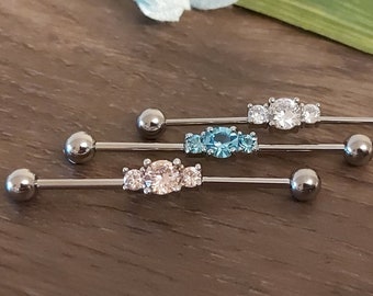 Industrial Piercing, Industrial Barbell, Scaffold bar, Cartilage Earring, Industrial jewelry, Crystals in blue, pink, clear 14G 16G 38mm
