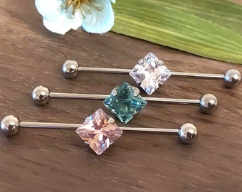 Industrial Piercing, Industrial Barbell, Scaffold bar, Square Crystal, 14 Gauge 1.6mm x 38mm, 1 1/2" Cartilage piercing, Industrial jewelry