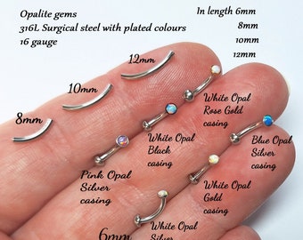 Vertical labret, Curved barbell, Opal gem, Helix, Belly bar, eyebrow piercing, lip stud, Daith stud, rook stud, 16Ga, 6mm,8mm,10mm,12mm,