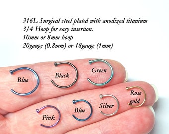 Nose ring, Nose Stud, Nose jewellery, 3/4, Cartilage earring, easy insert, Titanium IP, Helix, Tragus, Daith, Rook, 20G 0.8mm, Pink, Blue,