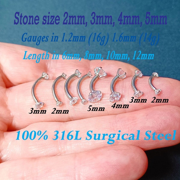 Vertical labret, Curved barbell, Crystal, Helix, Belly bar, eyebrow piercing, lip stud, Daith stud, rook stud 14Ga, 16Ga, 6mm,8mm,10mm,12mm