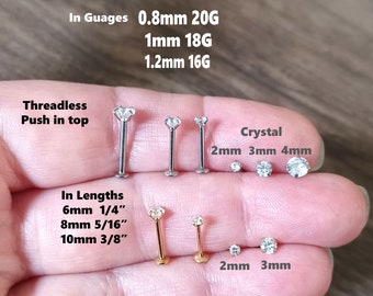 Labret Stud, Labret, Tragus piercing, 16ga, 18ga, 20ga, Clear crystal, Forward Helix, Conch, Helix, Monroe, 6mm 8mm 10mm, Nose Stud, Push in