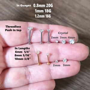 Labret Stud, Labret, Tragus piercing, 16ga, 18ga, 20ga, Clear crystal, Forward Helix, Conch, Helix, Monroe, 6mm 8mm 10mm, Nose Stud, Push in