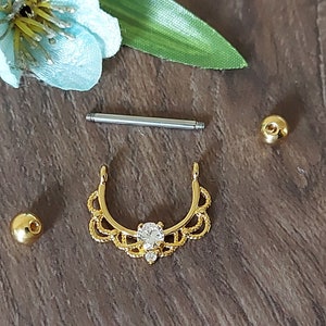 Nipple ring, Nipple Piercing, Nipple Barbell, 14K Gold plating, CZ Crystal, Filigree, 16mm x 1.6mm, 14 guage Horseshoe, nipple Jewellery. image 10