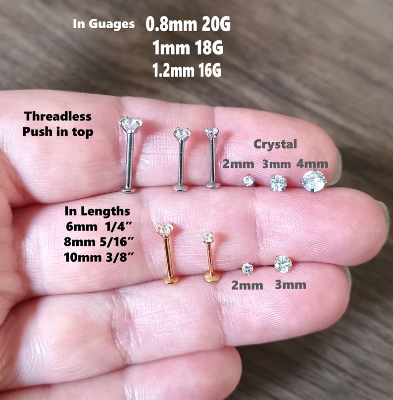 Labret Stud, Labret, Tragus piercing, 16ga, 18ga, 20ga, Clear crystal, Forward Helix, Conch, Helix, Monroe, 6mm 8mm 10mm, Nose Stud, Push in image 1
