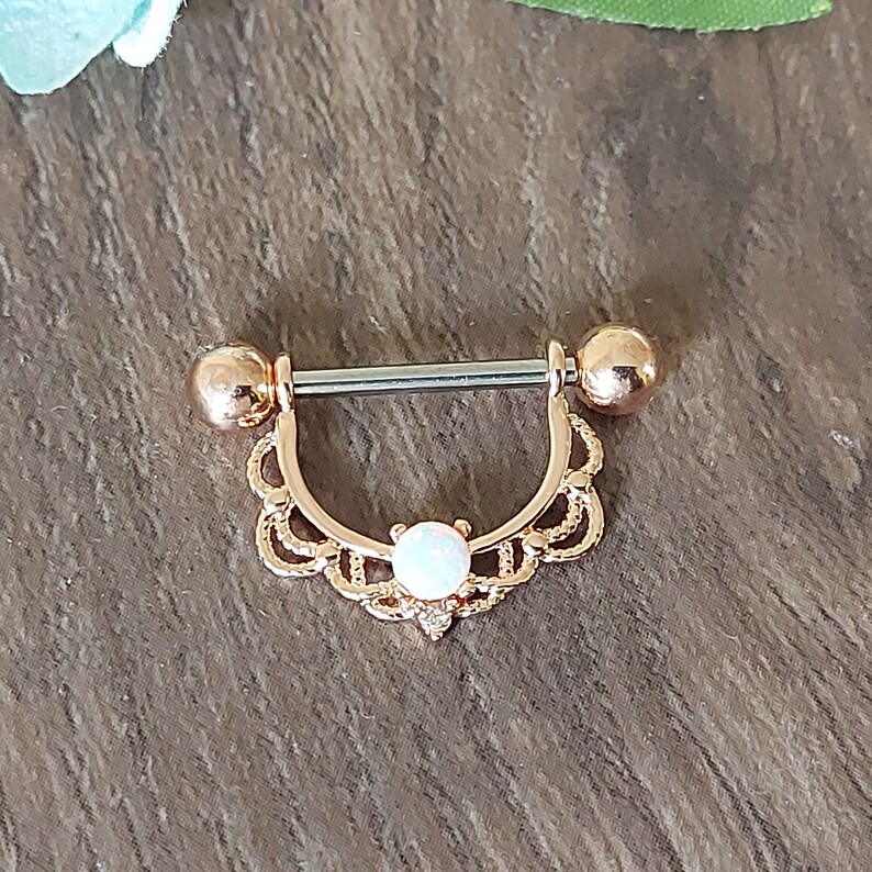 Nipple barbell, Nipple Piercing, Nipple Barbell, 14K Gold plating, Rose Gold, Rhodium Plated, Filigree, 16mm x 1.6mm, 14 guage Horseshoe. image 2