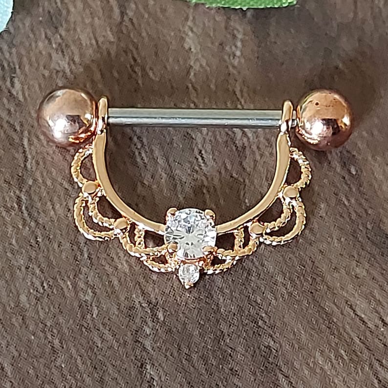 Nipple ring, Nipple Piercing, Nipple Barbell, 14K Gold plating, CZ Crystal, Filigree, 16mm x 1.6mm, 14 guage Horseshoe, nipple Jewellery. image 2