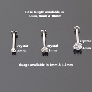 Labret Stud, Labret, Tragus piercing, 16ga, 18ga, 20ga, Clear crystal, Forward Helix, Conch, Helix, Monroe, 6mm 8mm 10mm, Nose Stud, Push in image 2