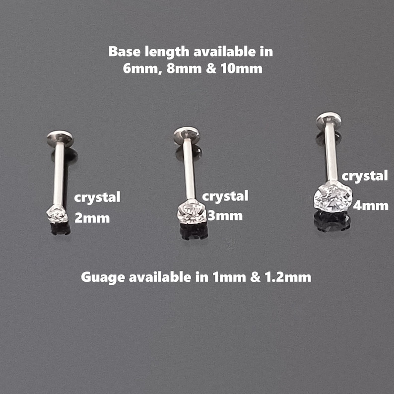 Labret Stud, Labret, Tragus piercing, 16ga, 18ga, 20ga, Clear crystal, Forward Helix, Conch, Helix, Monroe, 6mm 8mm 10mm, Nose Stud, Push in image 2