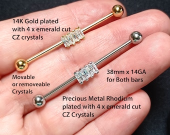 Industrial Piercing, Industrial Barbell, Scaffold bar, Industrial jewellery, Cartilage, Emerald cut CZ, 14Ga, 32, 35,38mm, 14K Gold, Rhodium