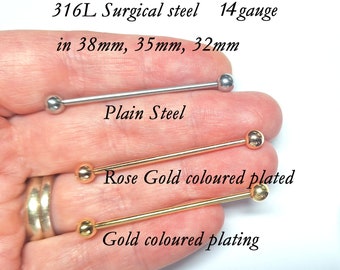 Industrial Piercing, Industrial Bar, Scaffold bar, Cartilage Earring, Industrial jewelry, Rose Gold colour 14G, 1.6mm 32mm, 35mm, 38mm