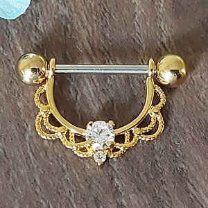 Nipple ring, Nipple Piercing, Nipple Barbell, 14K Gold plating, CZ Crystal, Filigree, 16mm x 1.6mm, 14 guage Horseshoe, nipple Jewellery. image 3