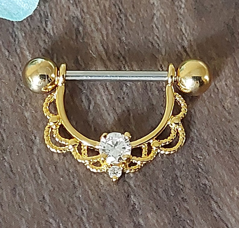 Nipple ring, Nipple Piercing, Nipple Barbell, 14K Gold plating, CZ Crystal, Filigree, 16mm x 1.6mm, 14 guage Horseshoe, nipple Jewellery. image 3