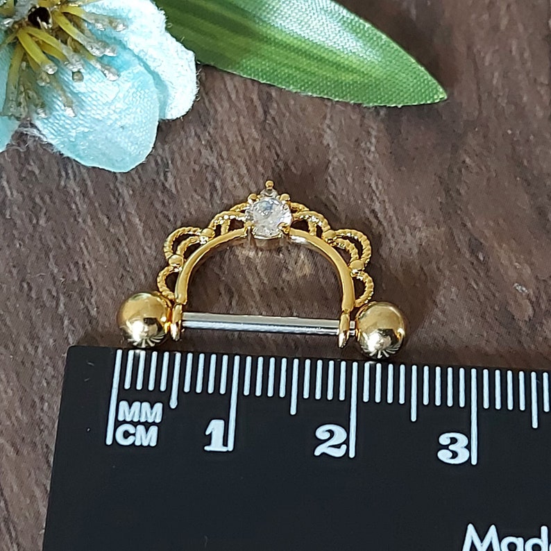 Nipple ring, Nipple Piercing, Nipple Barbell, 14K Gold plating, CZ Crystal, Filigree, 16mm x 1.6mm, 14 guage Horseshoe, nipple Jewellery. image 6