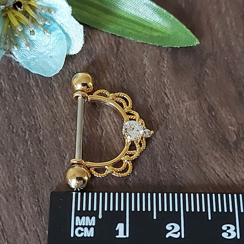 Nipple ring, Nipple Piercing, Nipple Barbell, 14K Gold plating, CZ Crystal, Filigree, 16mm x 1.6mm, 14 guage Horseshoe, nipple Jewellery. image 8