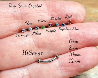 Vertical labret, Curved barbell, 2mm Crystal, Helix, Belly bar, eyebrow piercing, lip stud, Daith stud, rook stud 16Ga, 6mm,8mm,10mm,12mm